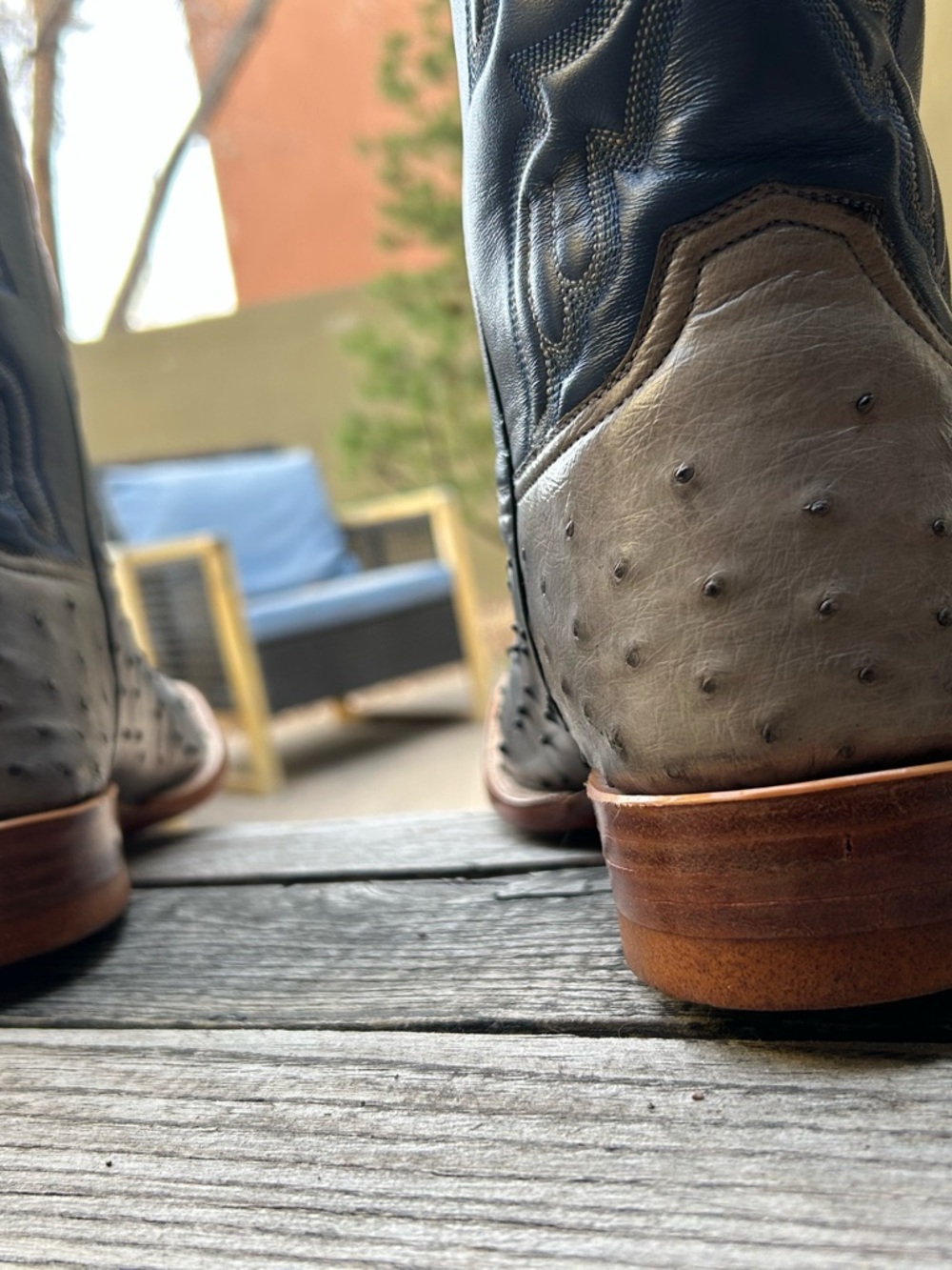 Handmade Gray Ostrich & Blue Square Toe Cowboy Boots Size 10D - Picture 8 of 15